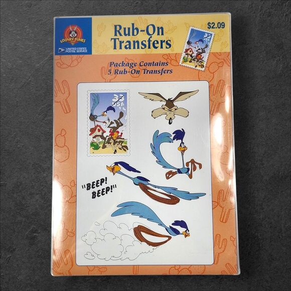 Vintage 2000 USPS Looney Tunes Rub‑On Transfers Wile E. Coyote & Roadrunner NOS - Picture 1 of 3